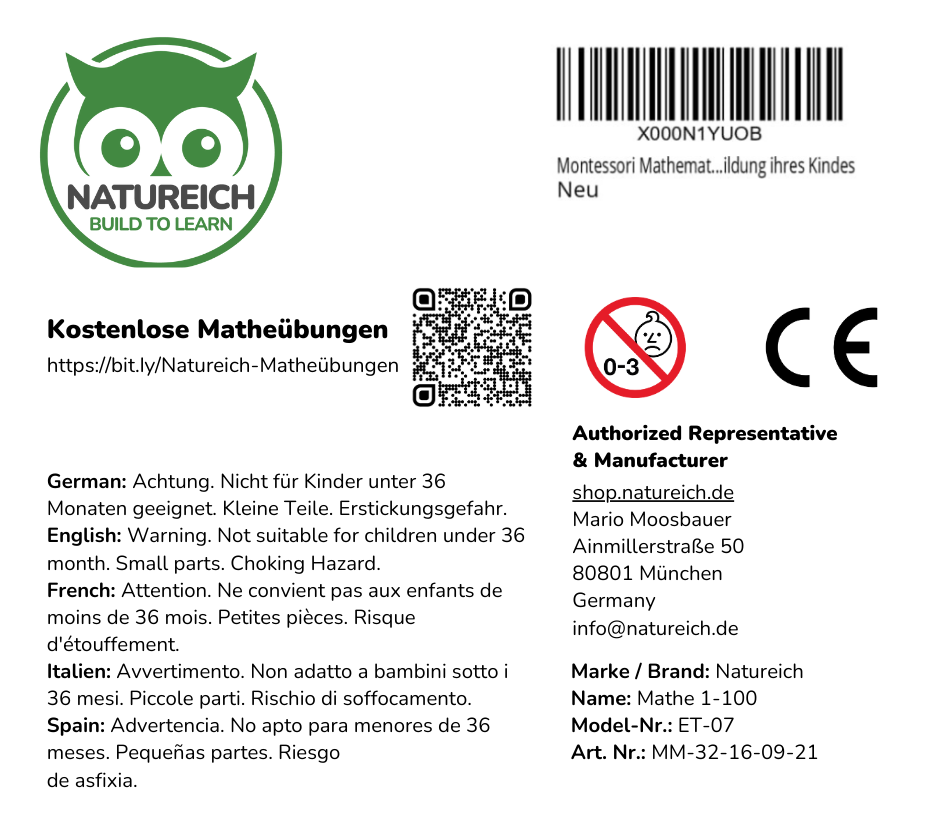 Montessori Mathematik Hunderterbrett 1-100 - Natureich