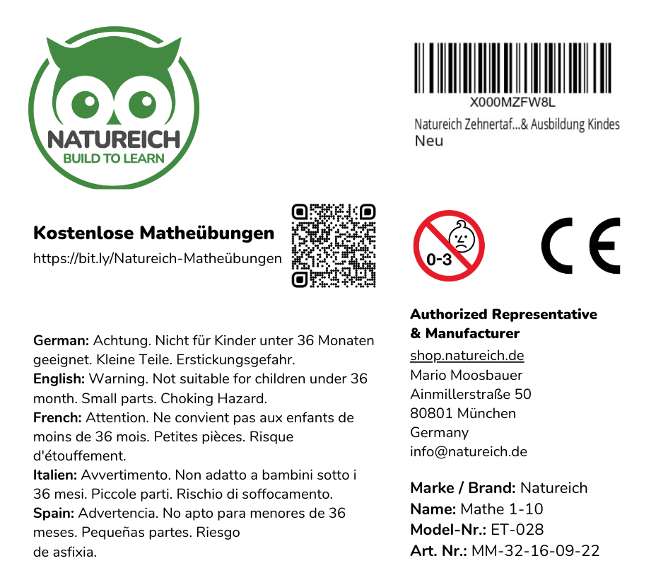 Zehnertafel Montessori Mathematik 1-10 - Natureich