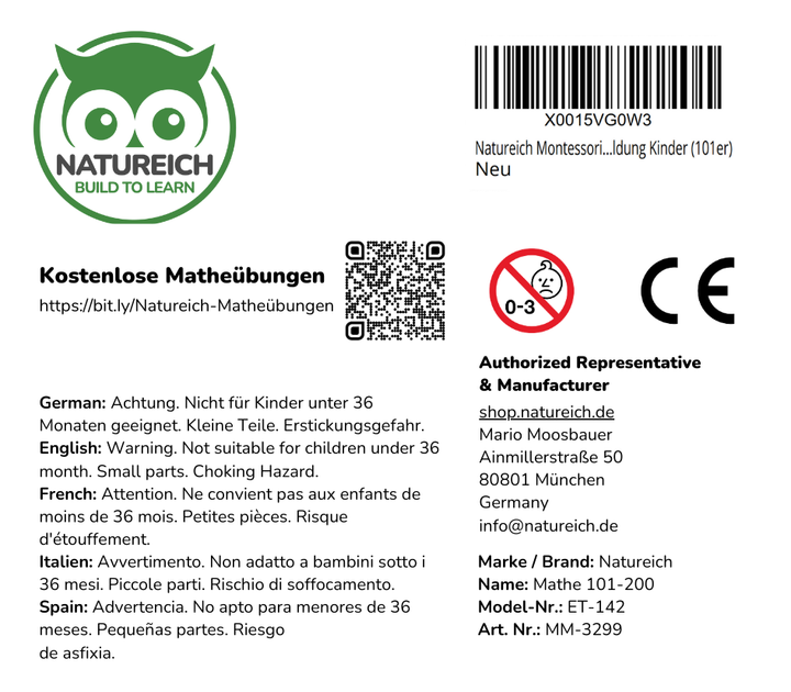 Montessori Mathematik Holzbrett 101-200 - Natureich