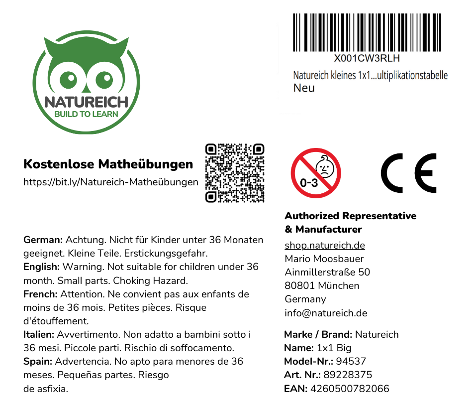 XL Holzrechenbrett 1x1 - Multiplikation - Natureich