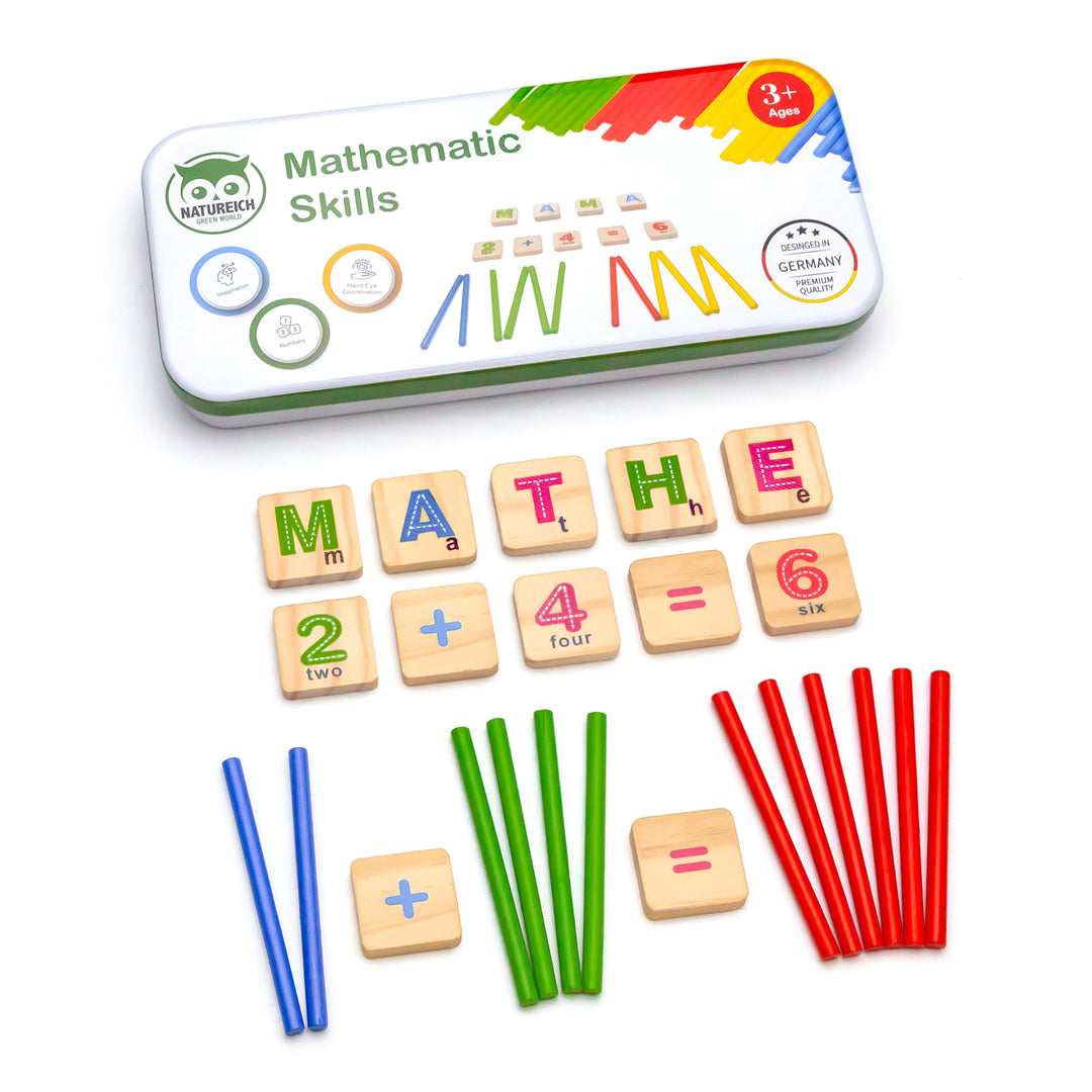 Natureich Mathe Montessori ABC Spielzeug Holz Metallbox zum Aufbewahren Zahlen Lernen Rechenstäbchen 1x1 ab 3 Jahre für frühe Motorik Entwicklung - Natureich