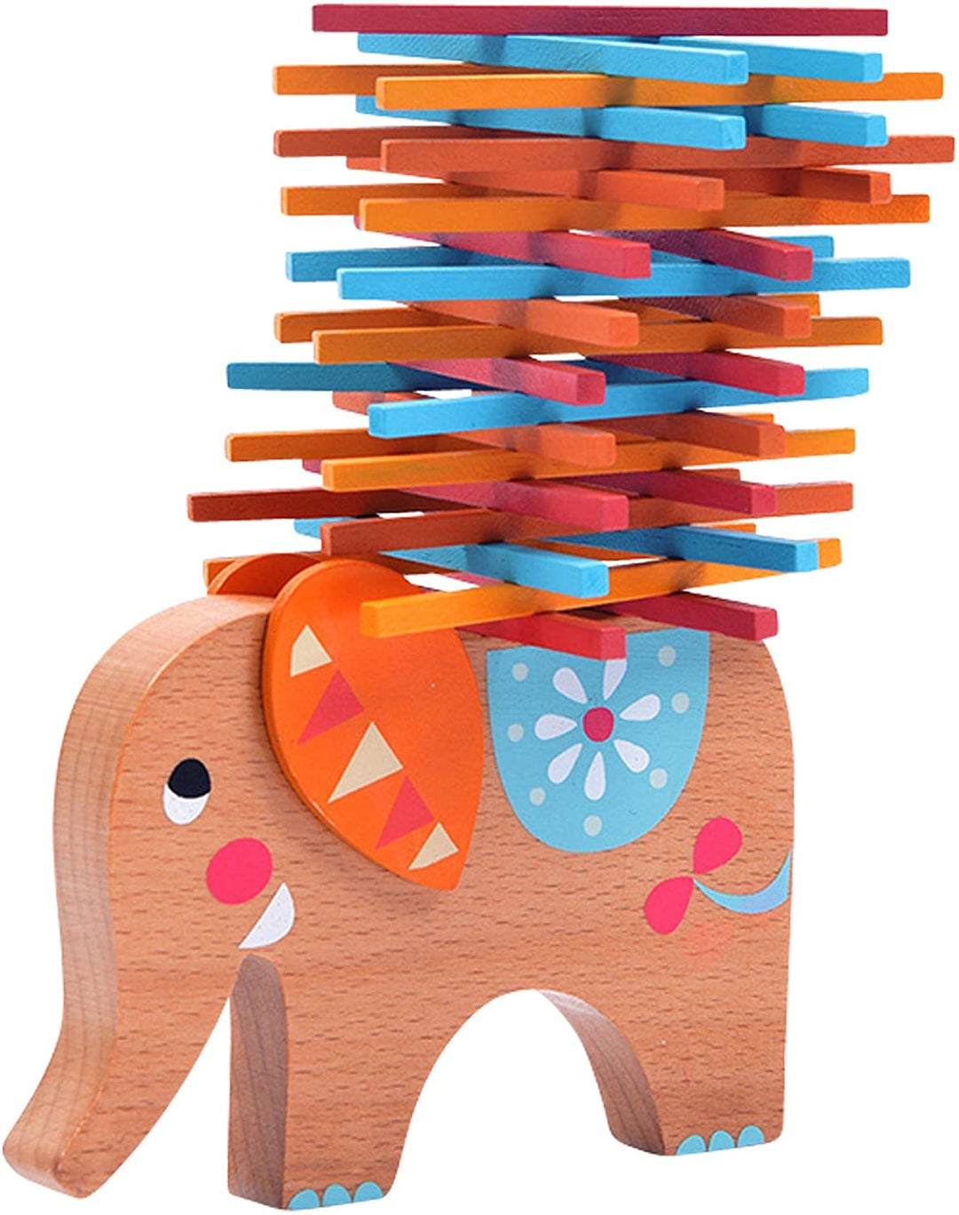 Natureich Elefant Montessori Stapel Spielzeug aus Holz zum Geschicklichkeit Lernen mit Stäbchen Bunt inkl. Stoffbeutel - Natureich