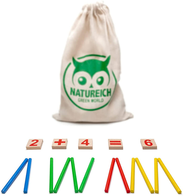 Natureich Mathematik Montessori Spielzeug aus Holz inkl. Stoffbeutel zum Aufbewahren Zahlen Lernen mit Rechen Stäbchen, Bunt / Natur ab 3 Jahre - Natureich